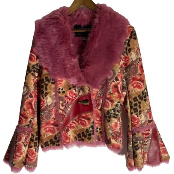 Outerwear by Lisa Jackets & Blazers - Outerwear by Lisa Vintage 90s Leopard & Rose Print w Pink Faux Fur Coat Size SM